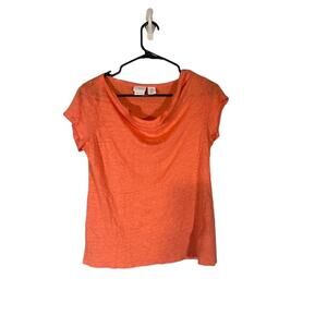 Halston Coral Pink Linen Blouse Layered Neck Short Sleeve Women Size Medium